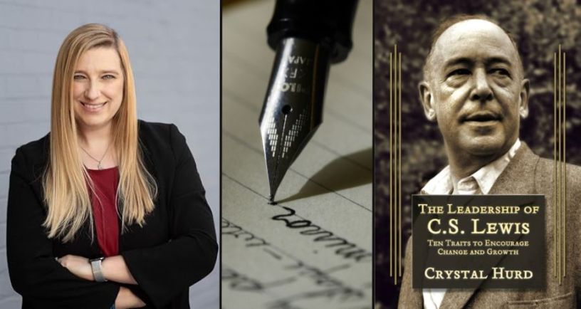 Dr. Crystal Hurd next to photos of Albert, C.S. Lewis and Warren Lewis, and adult C.S. Lewis