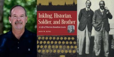 Picture of academic Don King with his biography of Warren Hamilton Lewis and photo of Warren Hamilton and CS Lewis
