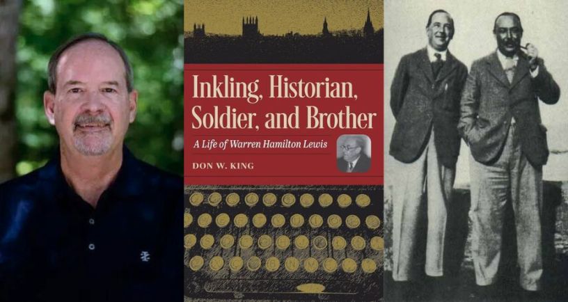 Picture of academic Don King with his biography of Warren Hamilton Lewis and photo of Warren Hamilton and CS Lewis
