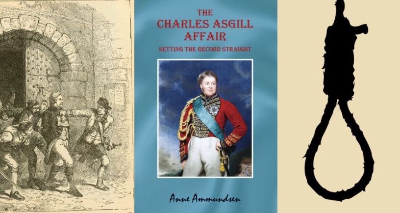 Image of Charles Asgill nearly being hanged next to images of noose and of book cover The Charles Asgill Affair: Setting the Record Straight by Anne Ammundsen