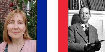 Picture of scholar Anne-Frédérique Caballero next to picture of French flag and picture of CS Lewis