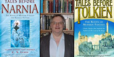 Scholar Douglas A Anderson next to copies of his books Tales Before Tolkien and Tales Before Narnia