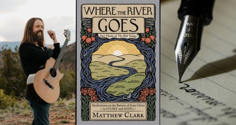 Musician Matthew Clark next to photos of his book Where the River Goes