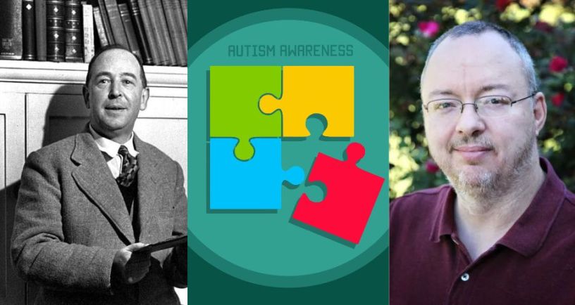 Picture of CS Lewis next to Autism Awareness graphic next to picture of author and autism advocate William O'Flaherty