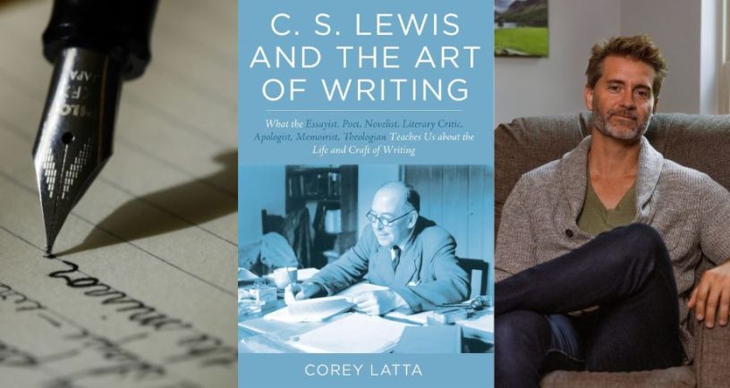 Corey Latta next to image of his book CS Lewis and the Art of Writing and stock image of pen writing on paper