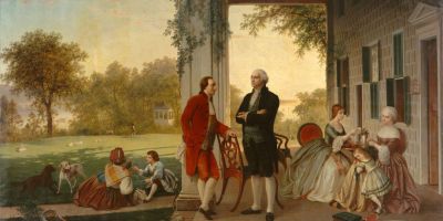 2859 painting of George Washington. For full image see: http://commons.wikimedia.org/wiki/File:Washington_and_Lafayette_at_Mount_Vernon,_1784_by_Rossiter_and_Mignot,_1859.jpg