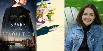 Author Megan Soja next to image of her book Spark of the Revolution