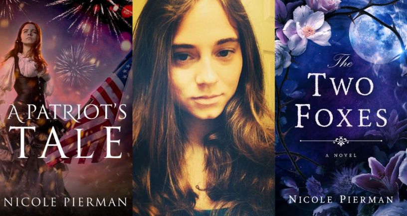 Author Nicole Pierman next to images of her books A Patriot's Tale and The Two Foxes