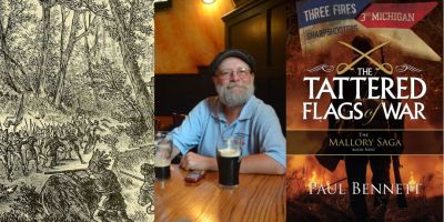 Author Paul Mallory by image of his book the Tattered Flags of War, next to image of General Braddock's Defeat from Our Greater Country by Henry Davenport Northrop (1901)