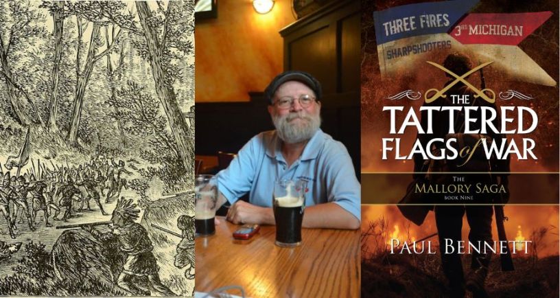 Author Paul Mallory by image of his book the Tattered Flags of War, next to image of General Braddock's Defeat from Our Greater Country by Henry Davenport Northrop (1901)