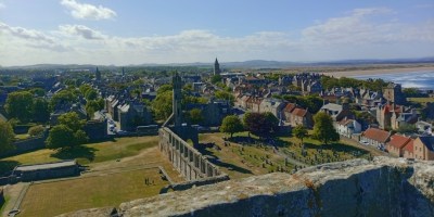 city of St Andrews, Scotland, from the top of the town's remaining cathedral tower.