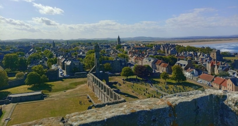 city of St Andrews, Scotland, from the top of the town's remaining cathedral tower.