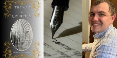 Christopher J Rziha with picture of his novel The Way of Lucherium