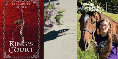 Elizabeth Agnes author next to image of her book King's Court