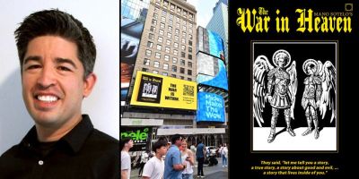 Artist Mano Sotelo next to images of billboard for his graphic novel The War in Heaven and book cover photo.
