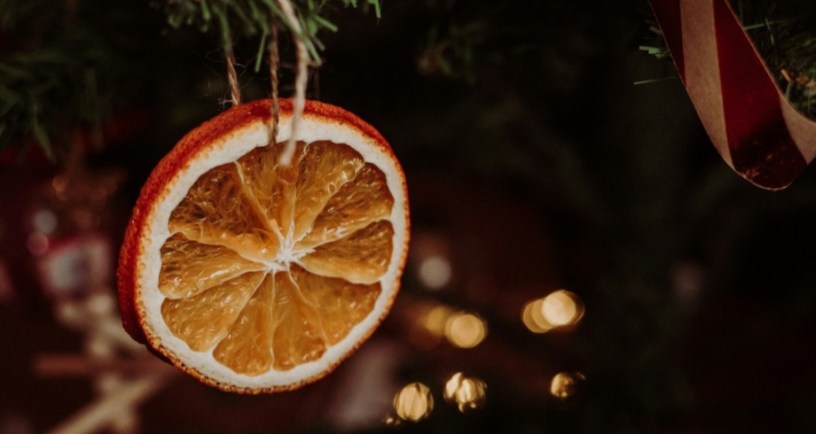 Dried orange slice on Christmas tree to represent Slovak Christmas traditions.