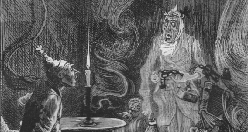 Illustration for essay on responsibility and Christmas by Leag Fisher. Jacob Marley and Ebenezer Scrooge. Illustration by Fred Barnard, Chapman and Hall, 1878. Provided by https://www.victorianweb.org/art/illustration/barnard/xmas/4.html