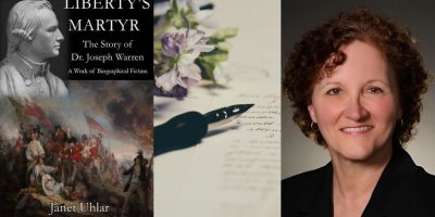 Author Janet Uhlar next to picture of her book on Joseph Warren