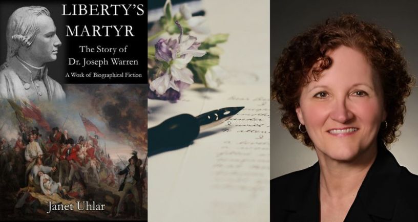 Author Janet Uhlar next to picture of her book on Joseph Warren