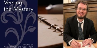 Picture of poet Christopher Villiers next to picture of his book Versing the Mystery