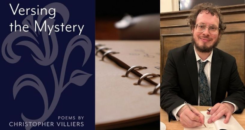 Picture of poet Christopher Villiers next to picture of his book Versing the Mystery