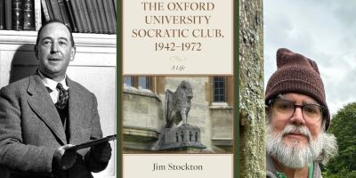 Author Jim Stockton next to image of his book on the Oxford Socratic Club
