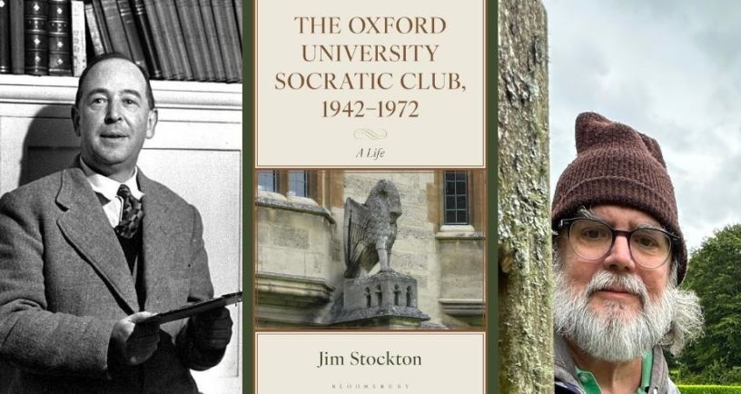 Author Jim Stockton next to image of his book on the Oxford Socratic Club