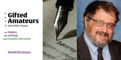 Picture of Inklings scholar David Bratman next to cover image for his book Gifted Amateurs and Other Essays: On Tolkien, the Inklings, and Fantasy Literature (Mythopoeic Press, 2023)
